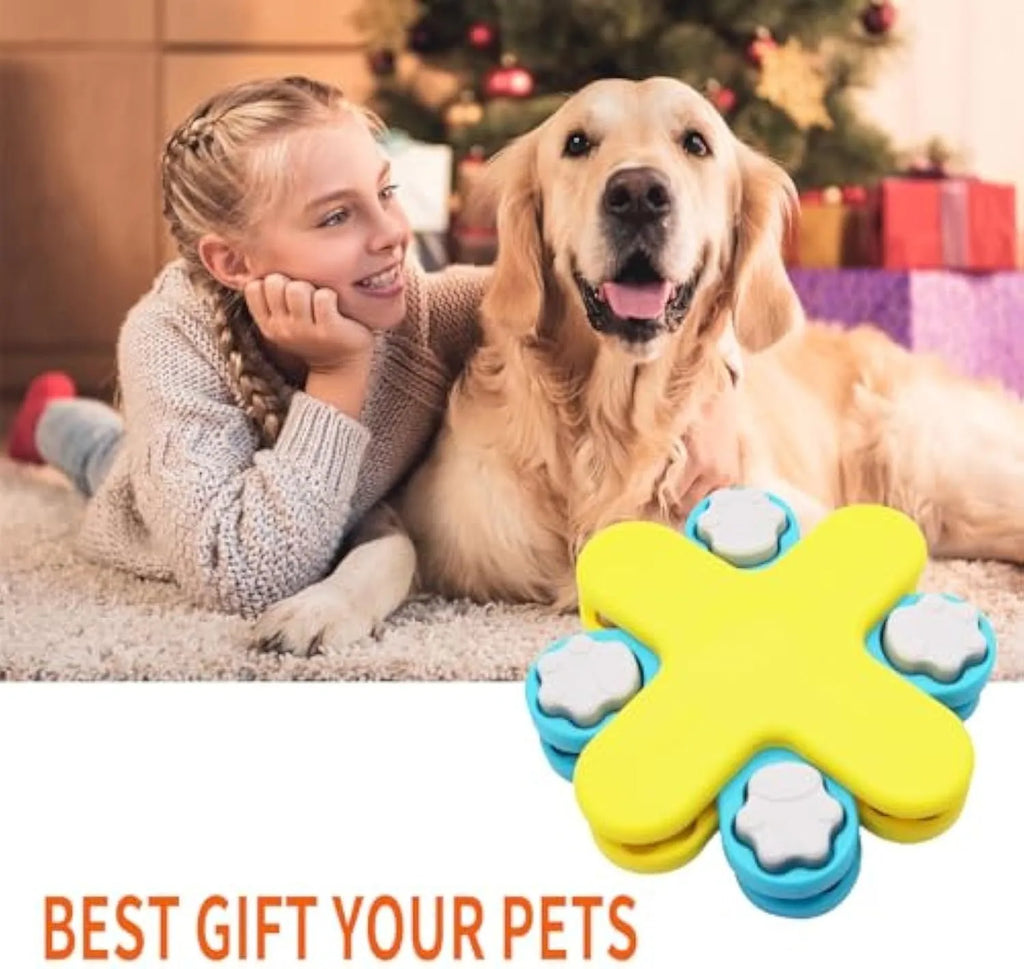 Yellow three-layer rotating dog puzzle feeder with claw-shaped lids and anti-slip rubber pads on the base.
