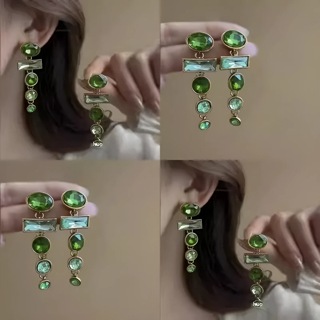 Green gradient tassel dangle earrings with geometric metal frame and sparkling zircon stones.