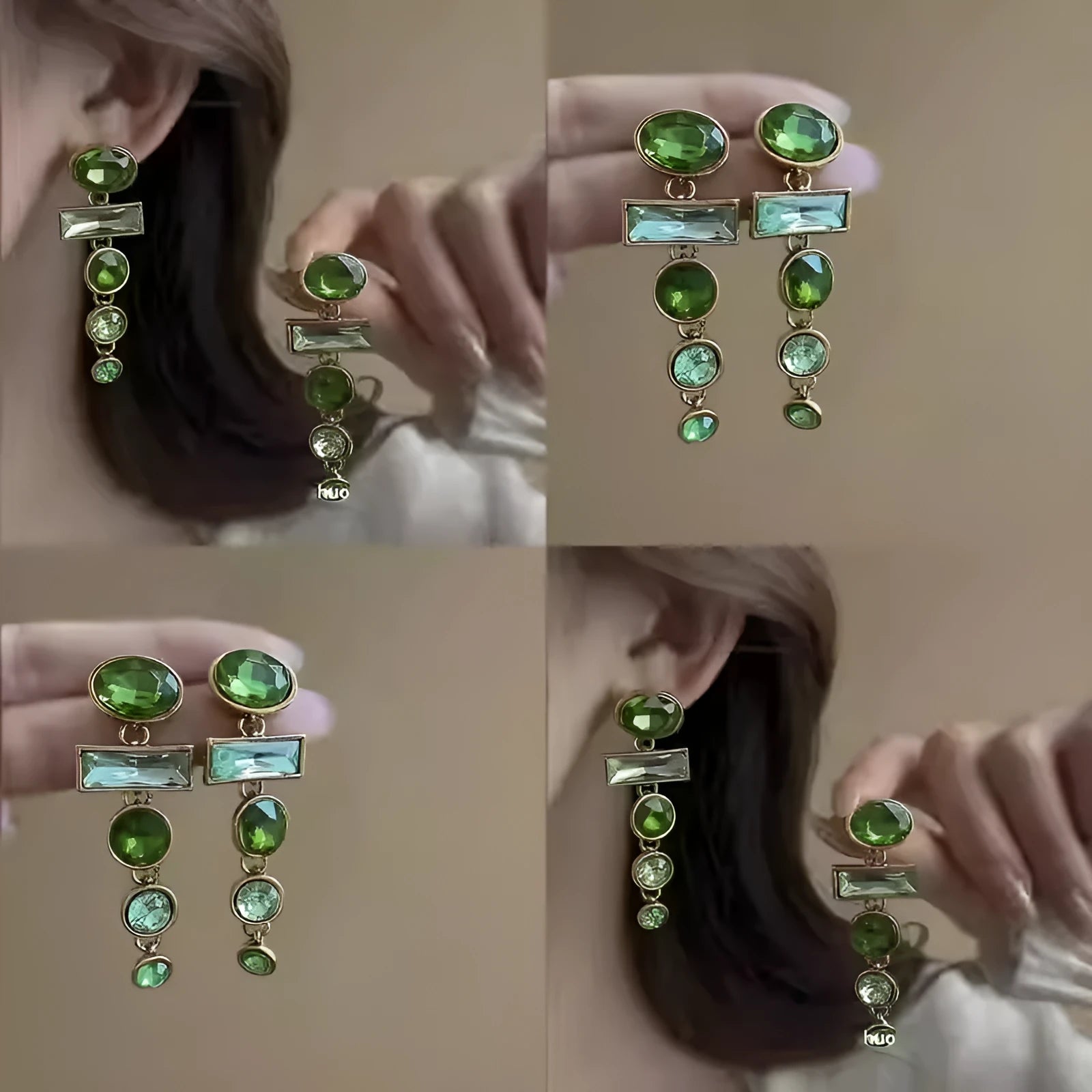 Green gradient tassel dangle earrings with geometric metal frame and sparkling zircon stones.