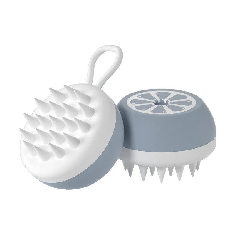 Yellow silicone pet bath brush with comb teeth and massage nodes on a 2-in-1 head.