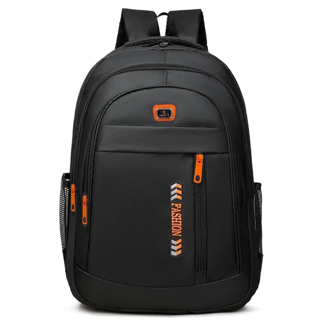 Blue business travel backpack with airpillow straps and sewing line detail on Oxford cloth.