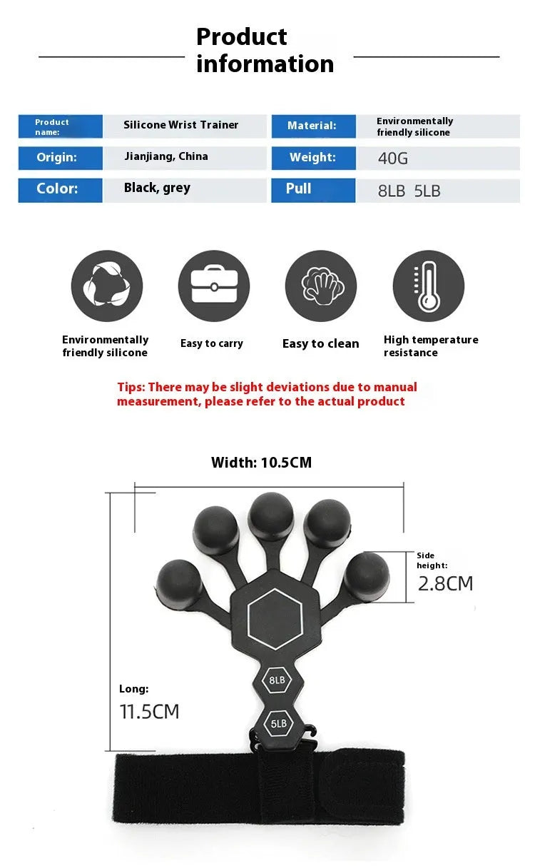 A black or grey silicone five-finger hand trainer for adult grip strength and rehabilitation.