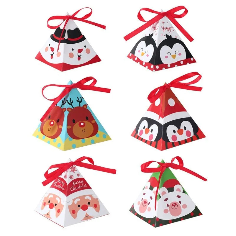 Christmas triangle candy box in paper with festive Santa and snowman print and ribbon ties