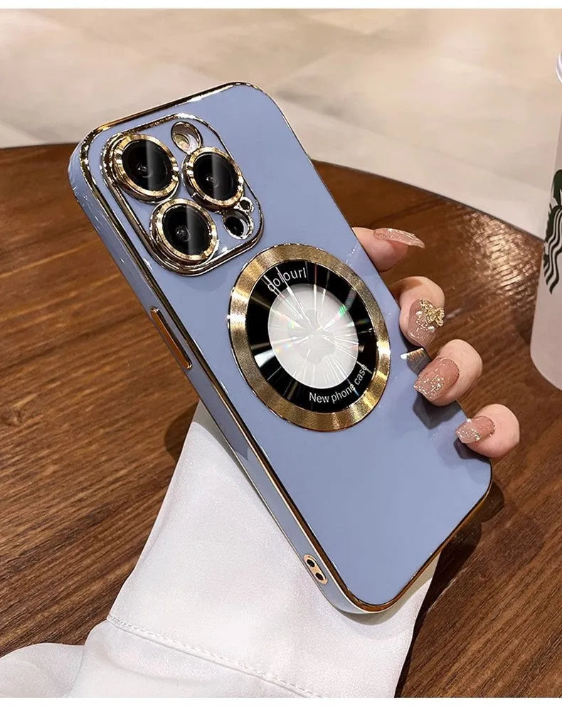 Electroplated 6D phone case with magnetic magnifying glass, TPU anti-fall cover for iPhone 15 Pro Max, Dark Night Purple colour