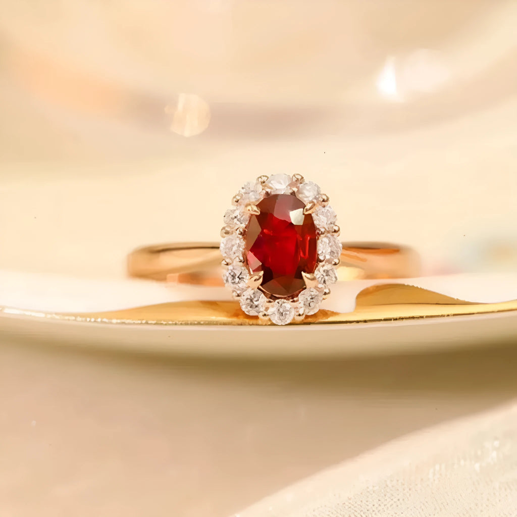 Women's sterling silver ring with gold pigeon red blood gemstone floral inlay