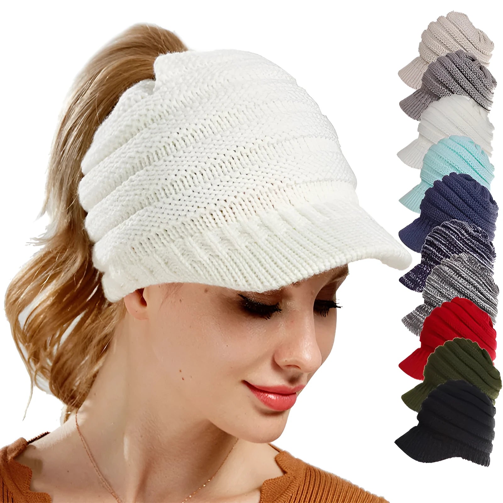 Acrylic knitted ponytail beanie hat for women in a neutral colour, shown on a model with a high ponytail.