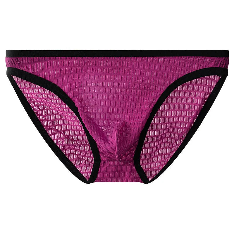 Men's low waist transparent visual lace underwear in multiple colours on a size chart