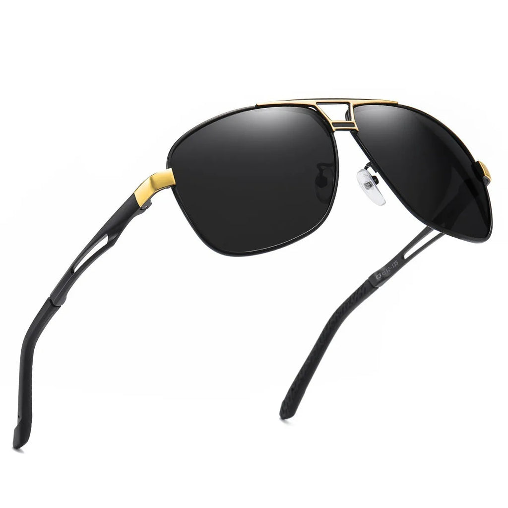 Men's orange red aviator sunglasses with metal frame and polarised lenses on a dark background.