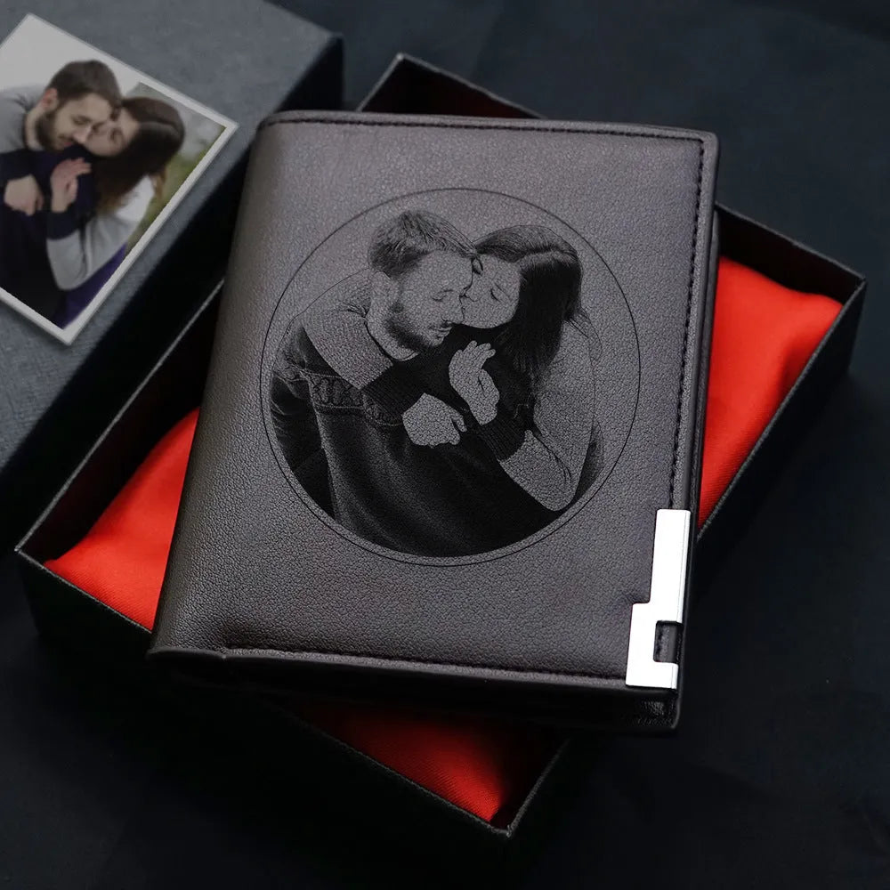 Men's leather wallet with zipper closure, individually packaged for gifting