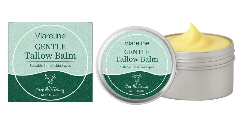 A white jar of Cow Fat Moisturising Cream, 114g, with ingredients glycerin, mineral oil, and jojoba oil.