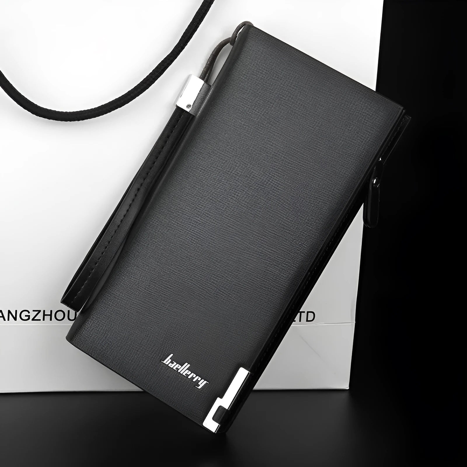 Men's long black PU leather zip wallet showing closed zipper and multifunctional design