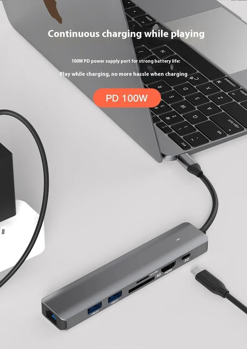 Silver 7-in-1 USB-C laptop hub showing HDMI, USB-C PD, USB 3.0, and SD card ports