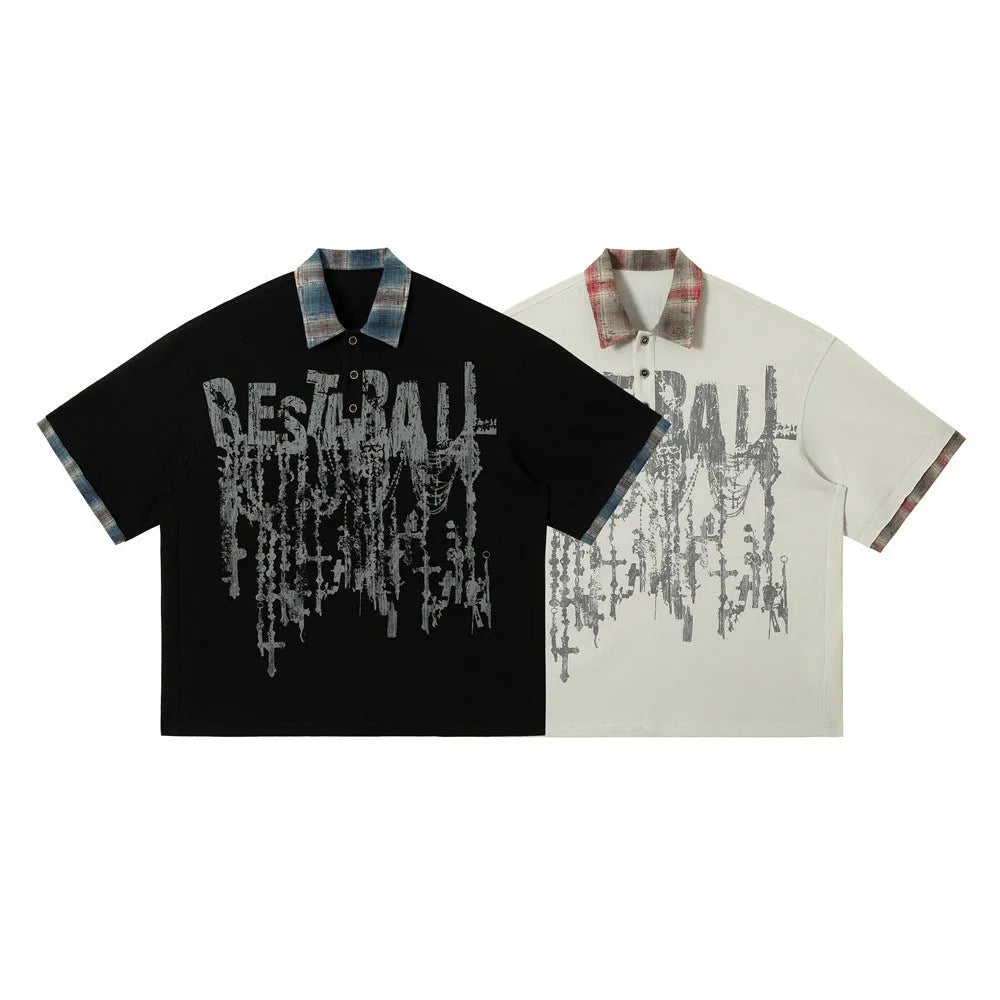 Men's loose blue cotton short-sleeved top with a graffiti print on the lapel.