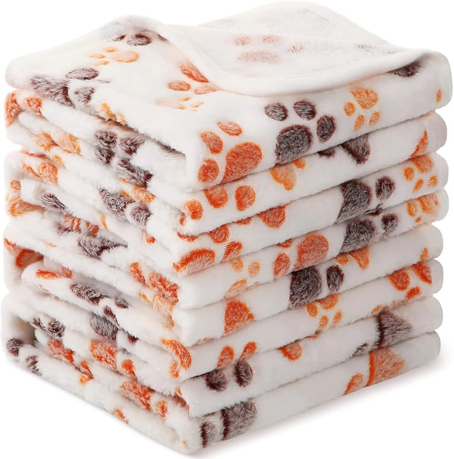 Coral fleece pet blanket with dog paw print pattern shown in beige colour, lying flat to show size