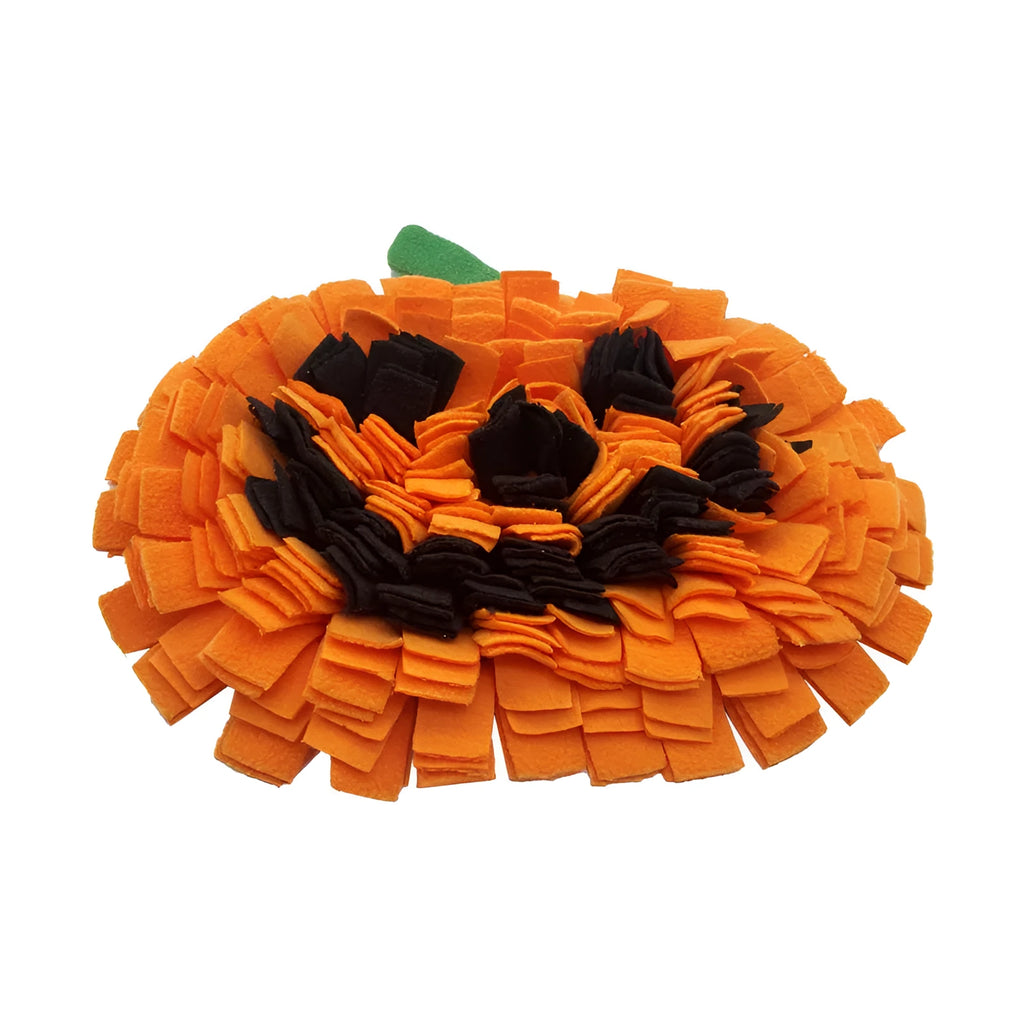 Orange pumpkin-shaped dog sniffing mat with raised fur textures for slow feeding and treat hiding.