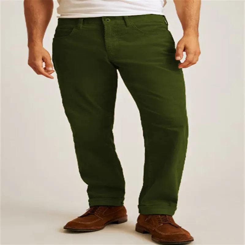 Corduroy straight-leg trousers in loose casual fit showing mid-waist design and solid colour options