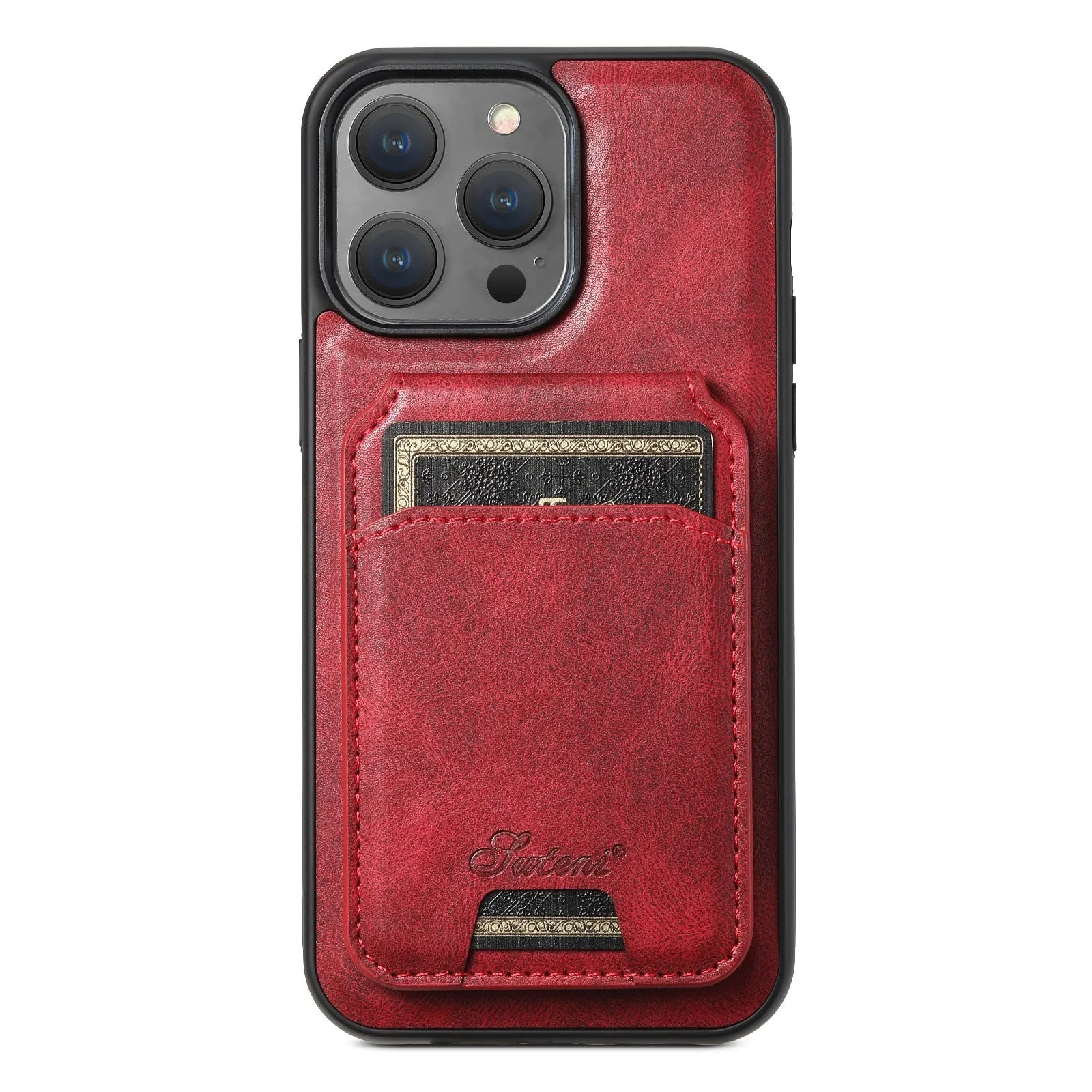 Black magnetic card holder phone case for iPhone with bracket stand, PU TPU handmade finish