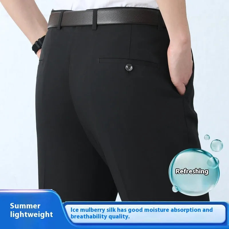 Men's straight-cut business trousers in dark blue with high waist and non-ironing construction