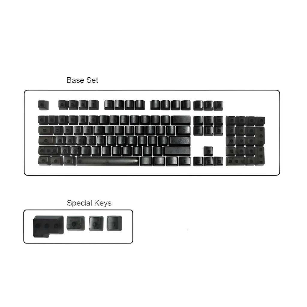 Set of 104 transparent mechanical keyboard keycaps in orange, white, blue and black colours
