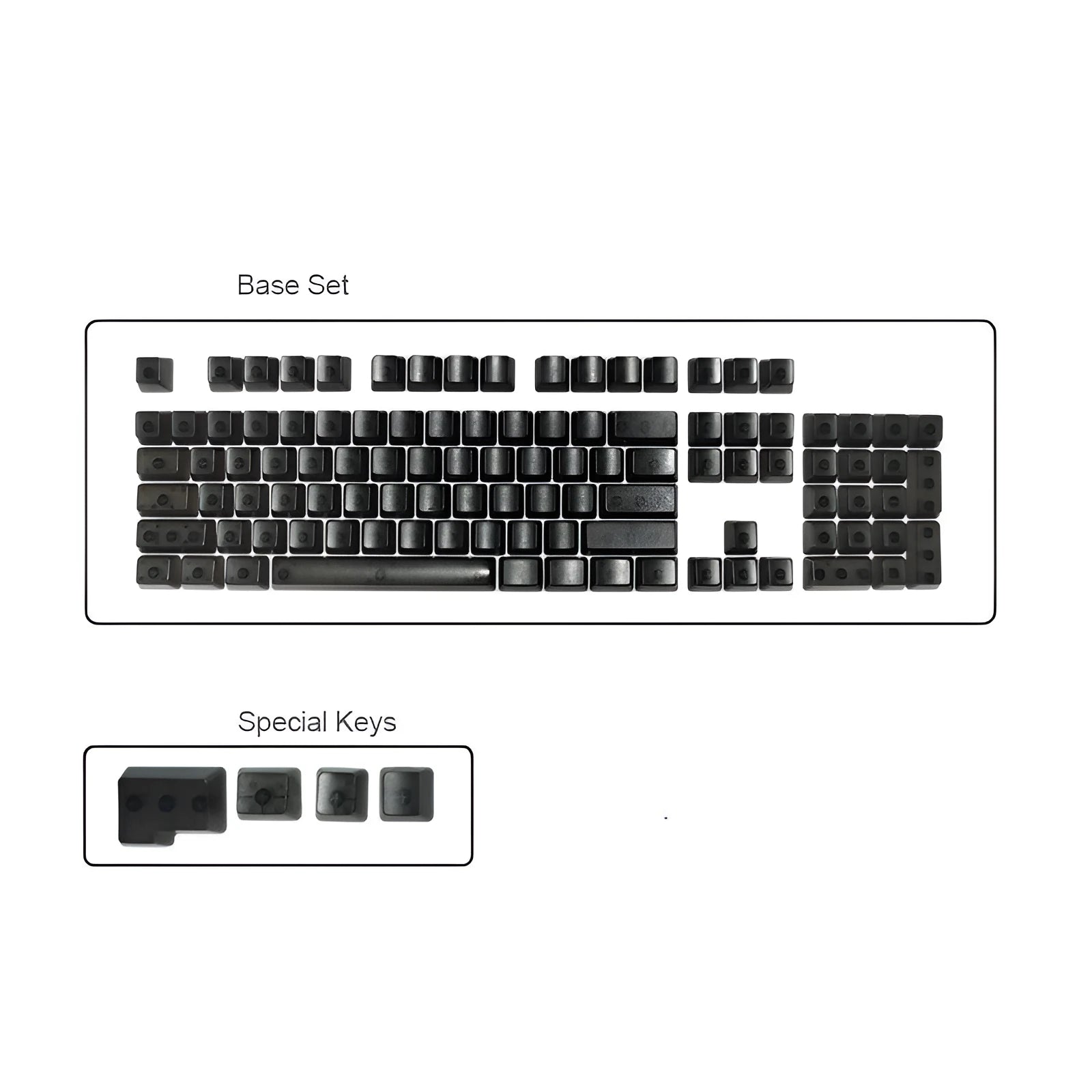 Set of 104 transparent mechanical keyboard keycaps in orange, white, blue and black colours