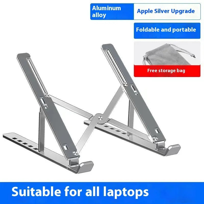 Silver aluminium alloy folding laptop stand for 16-18 inch devices with cloth carry bag