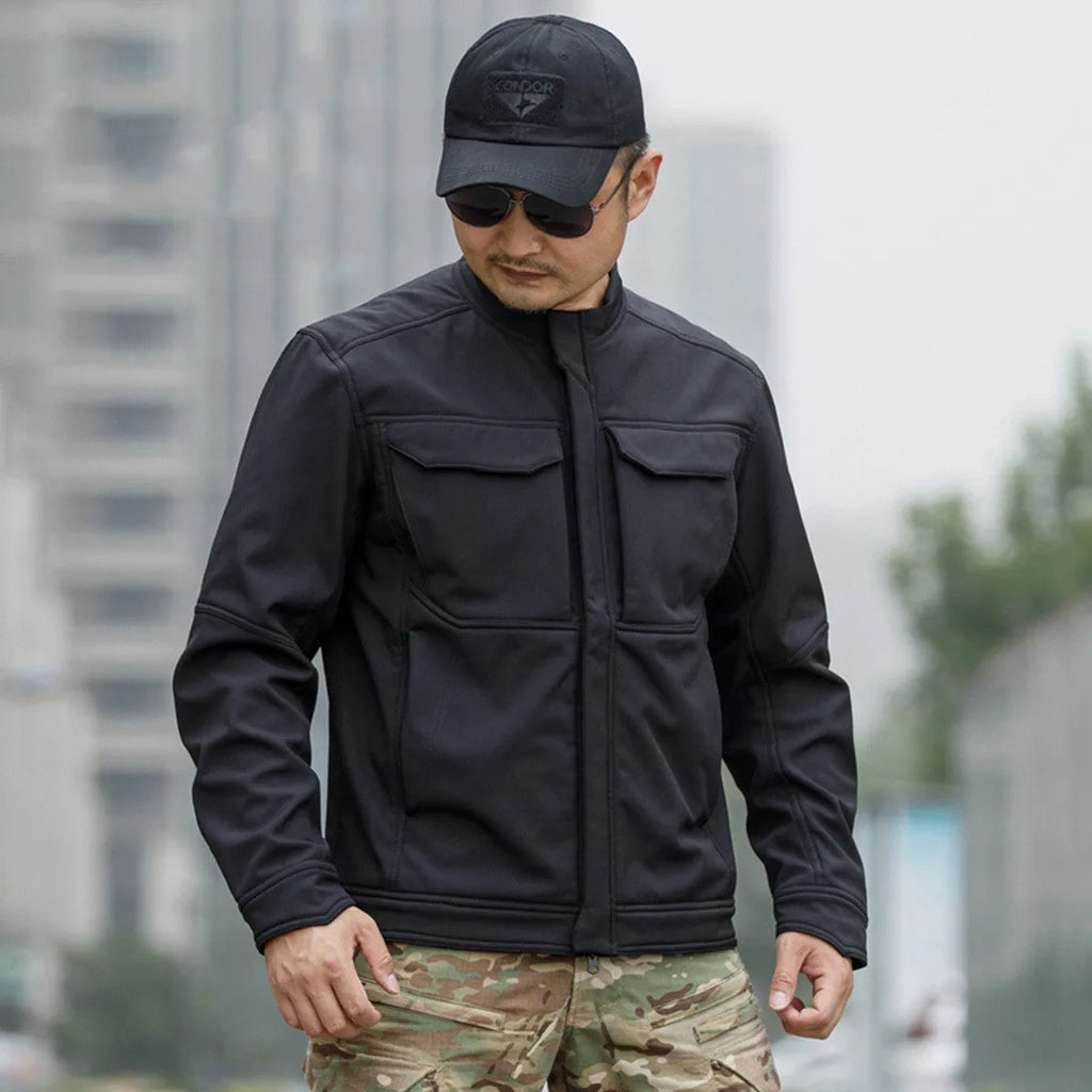 Bone Frog Peak Breaker soft shell jacket in black on a mannequin, showing cardigan style.