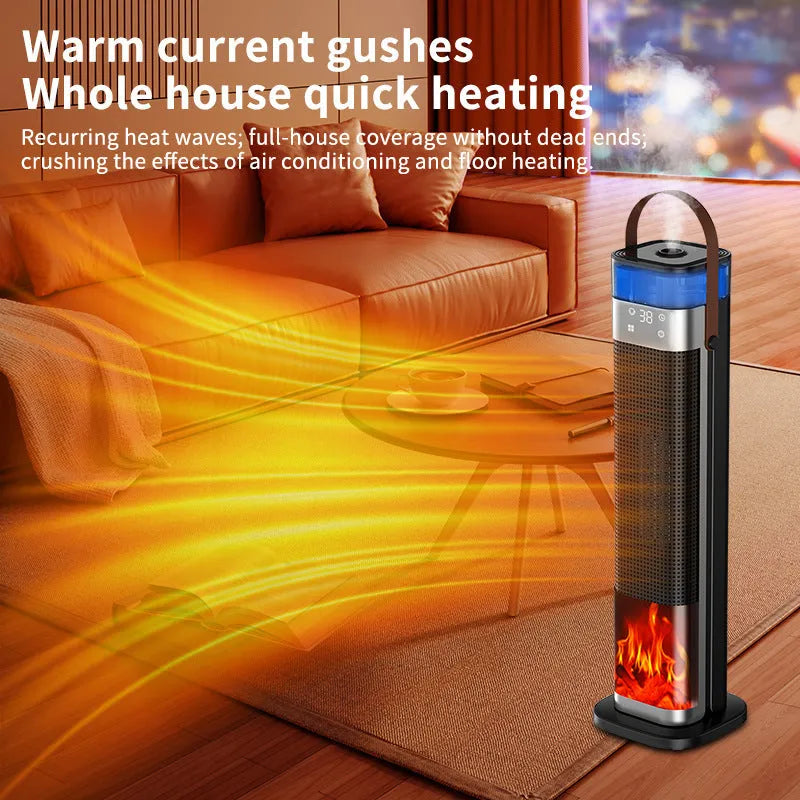 Tall vertical tower heater with humidification function and remote control on a wooden floor.