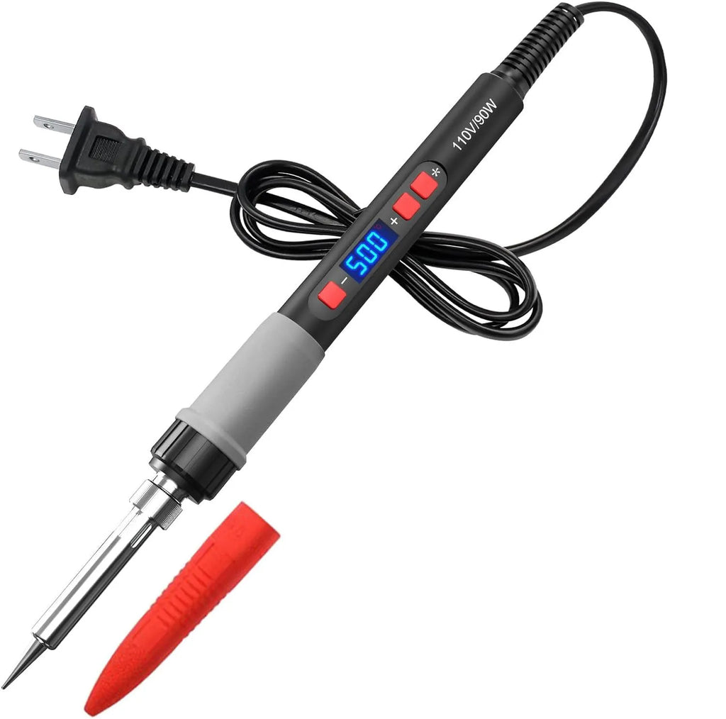 Grey 90W electric soldering iron kit with ceramic heating core, five tips, tin wire, and holder on a workbench.