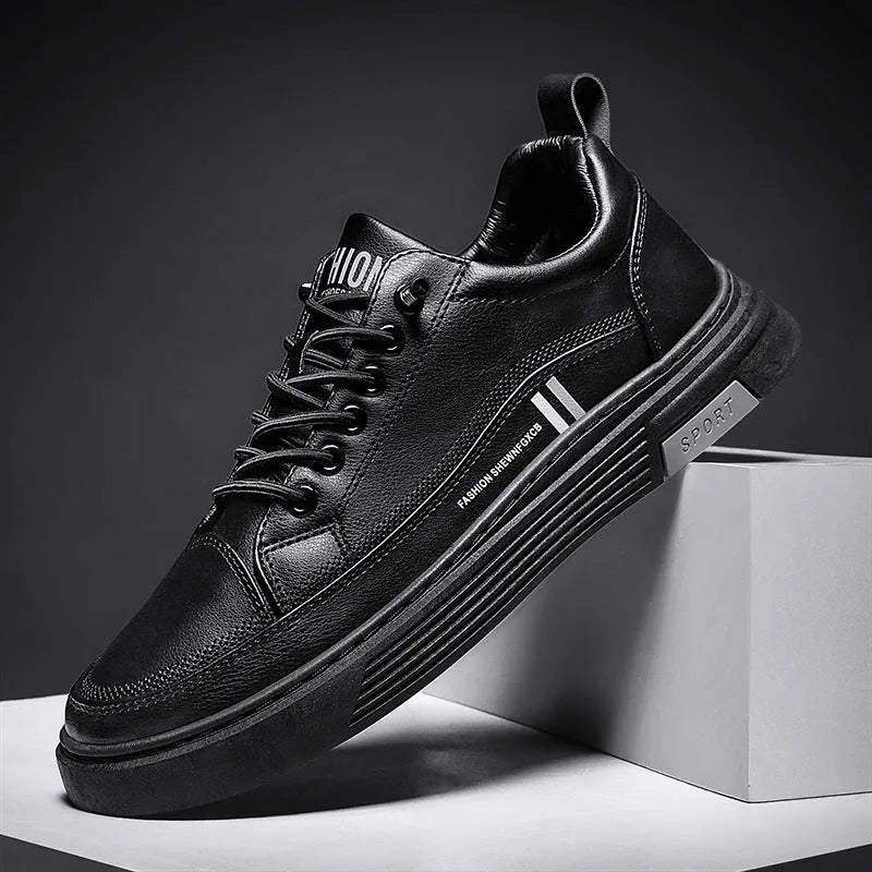 Men's black and white skateboard shoes with microfiber upper and elastic band closure