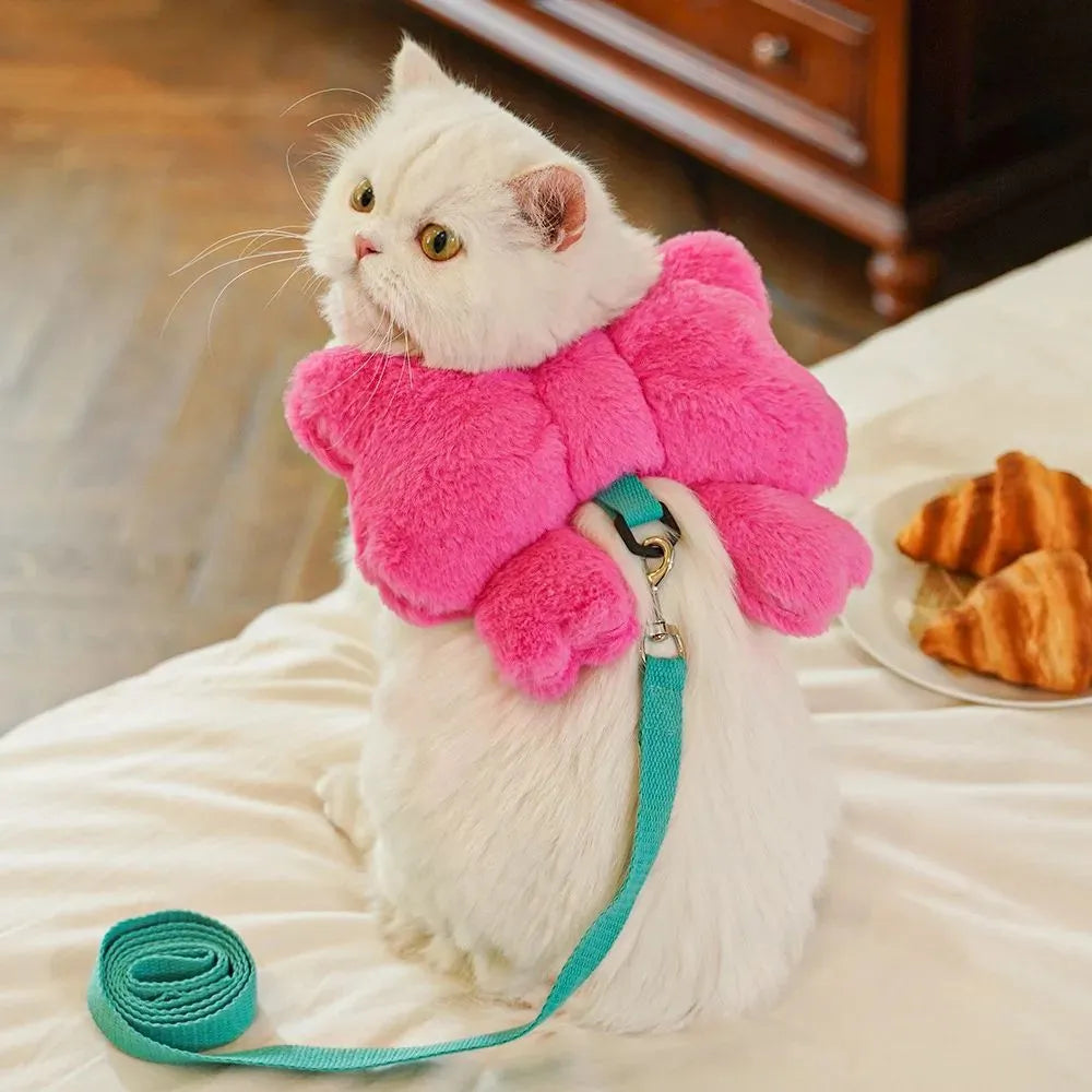 Pet bow chest strap traction rope in pink, size M, on a small dog with cute bow on back