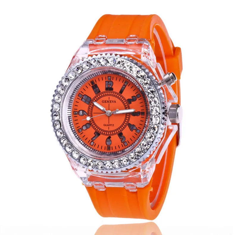 Women's LED luminous watch with round 43mm dial and silicone bracelet in multiple colour options