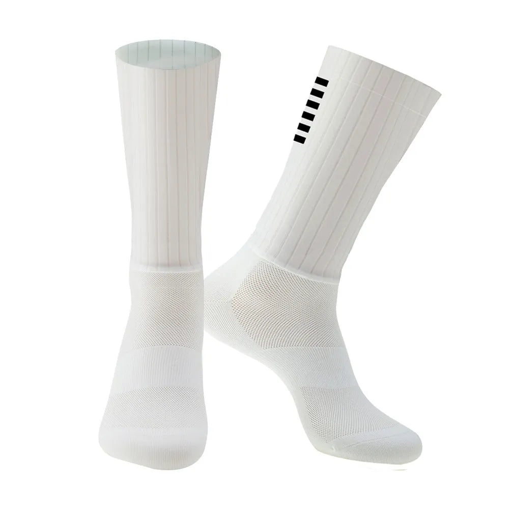 A pair of athletic cycling socks in a chemical fibre blend, shown in one of six available colours on a plain background.