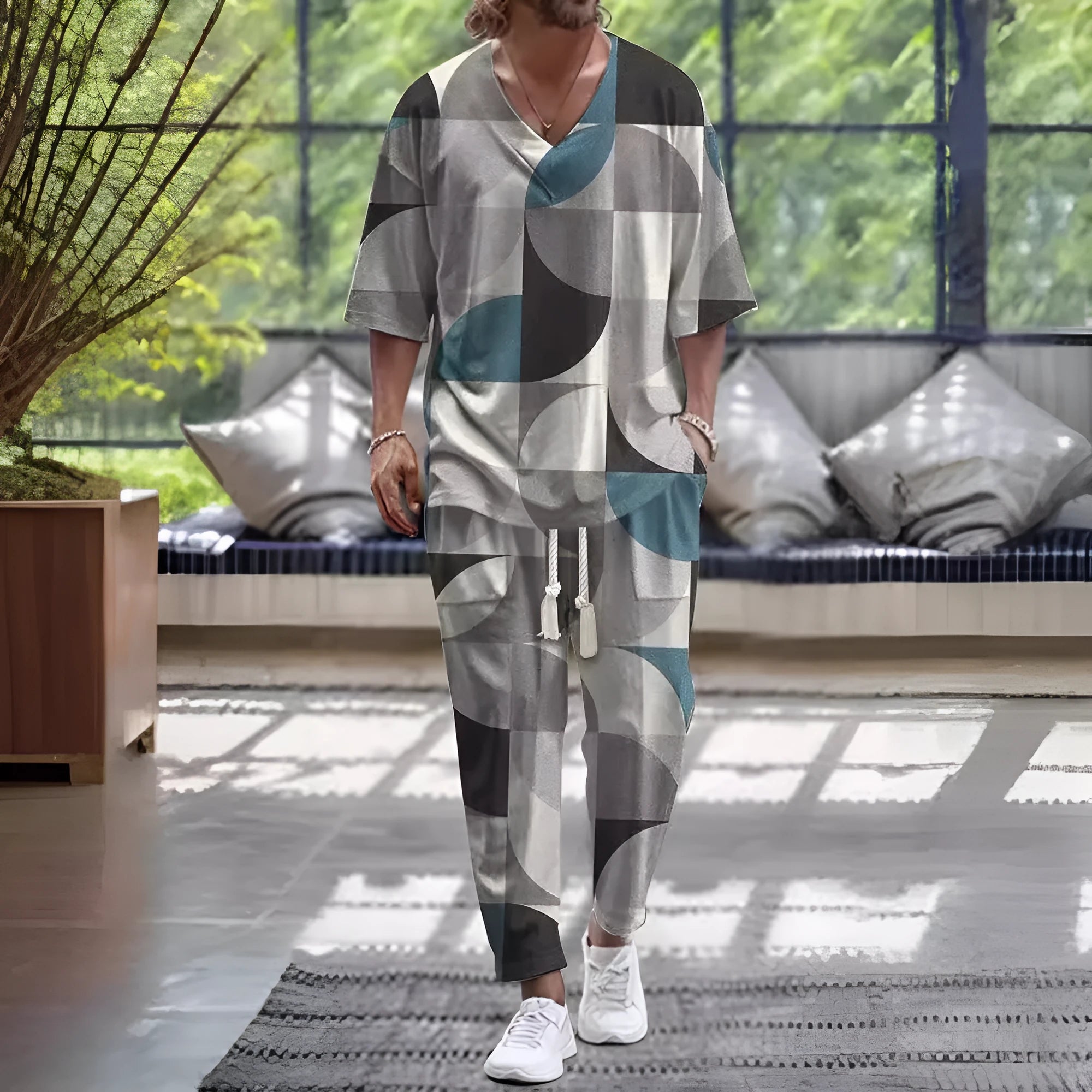 Cropped sleeve V-neck jacket and trousers suit in thin polyester fabric on a hanger.