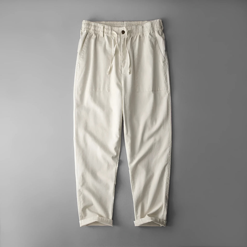 Men's casual linen trousers in navy blue colour with mid waist and traditional trouser length