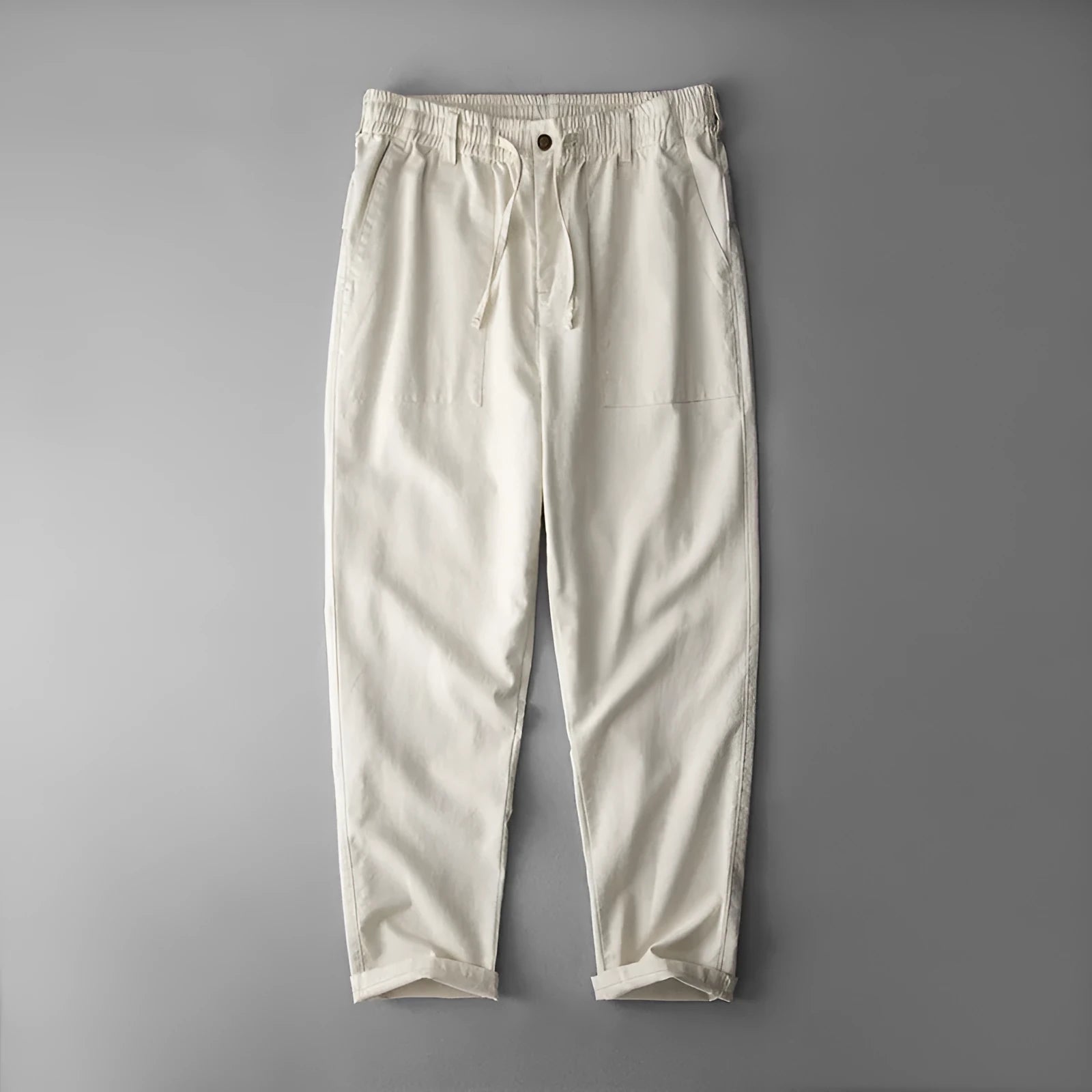 Men's casual linen trousers in navy blue colour with mid waist and traditional trouser length