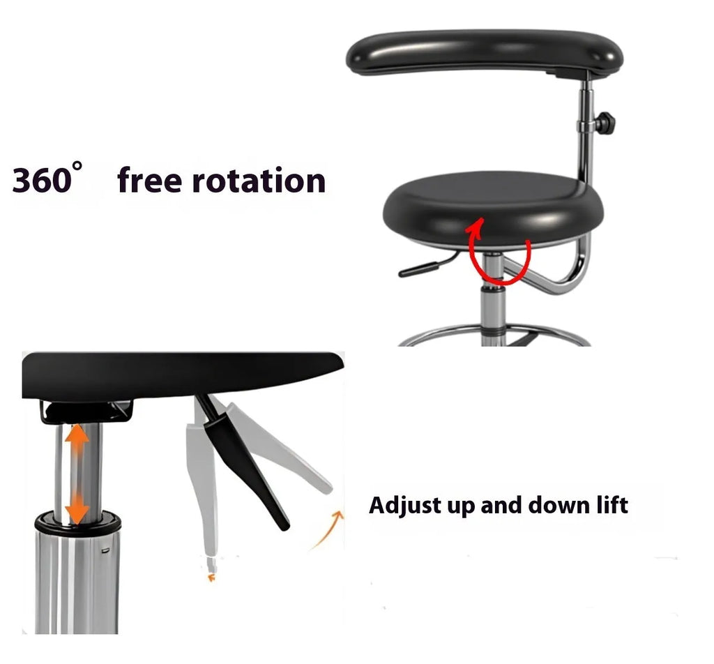 Black leather dental examination chair with manual hydraulic lift mechanism