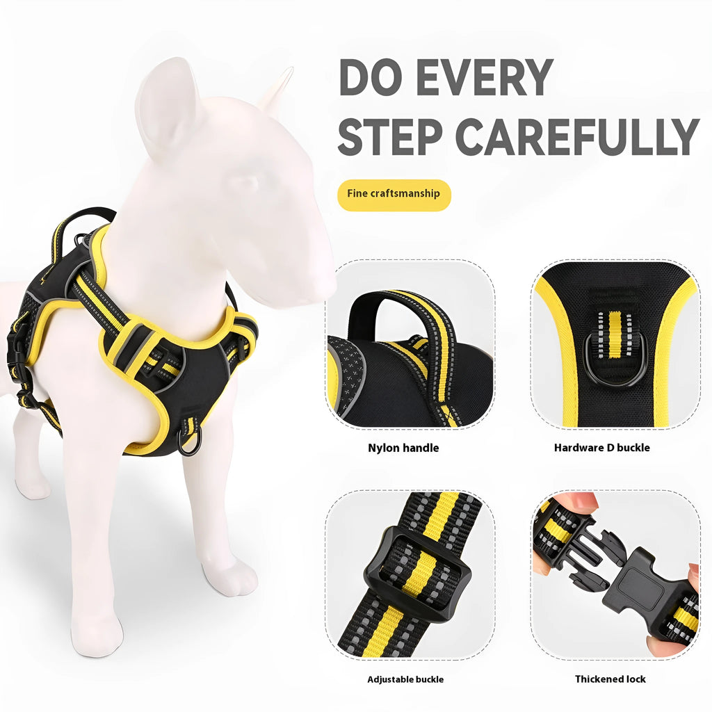 Orange polyester dog harness and lead set shown on size chart for S, M, and L specifications.
