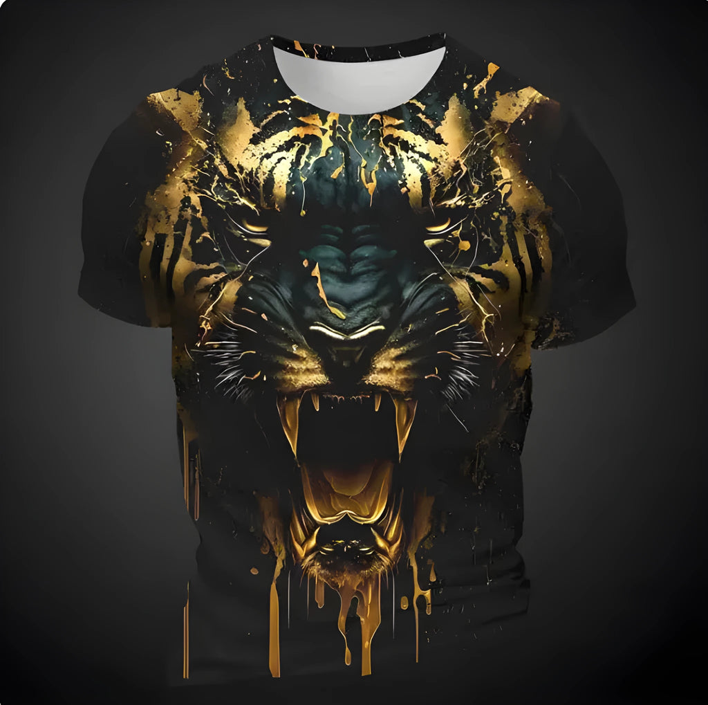 Men's 3D tiger pattern printed short sleeve T-shirt on a hanger