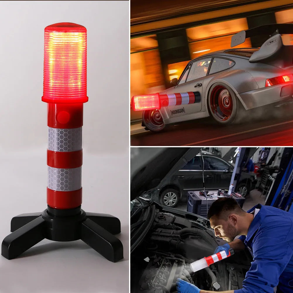 Set of two magnetic base emergency LED flares in plastic suitcase with support stands