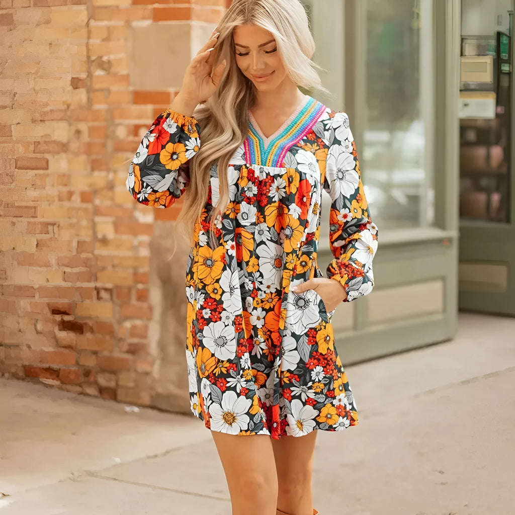 Orange floral print women's mini dress with V-neck and striped lace long sleeves