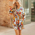 Orange floral print women's mini dress with V-neck and striped lace long sleeves