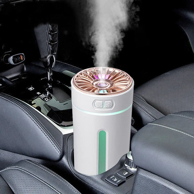 Wireless air humidifier with colourful lights on a car cup holder, 800mAh rechargeable cool mist maker
