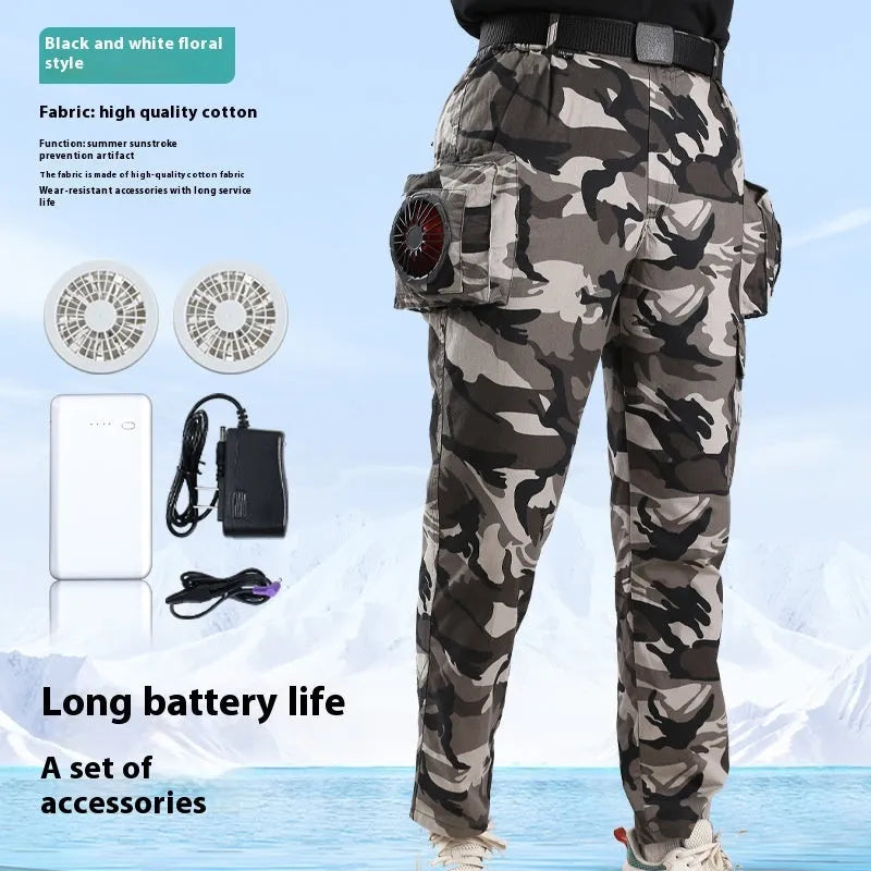 Men's pure cotton welder's fan pants in Army Green with battery accessory