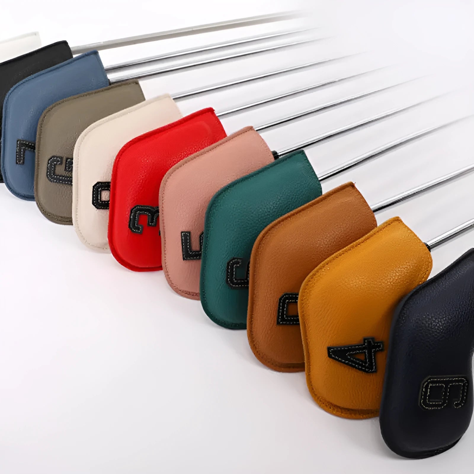 Set of 10 colourful digitally printed PU golf club head covers for woods and irons protection