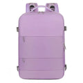Large purple travel backpack with multiple compartments and an air pillow strap system.