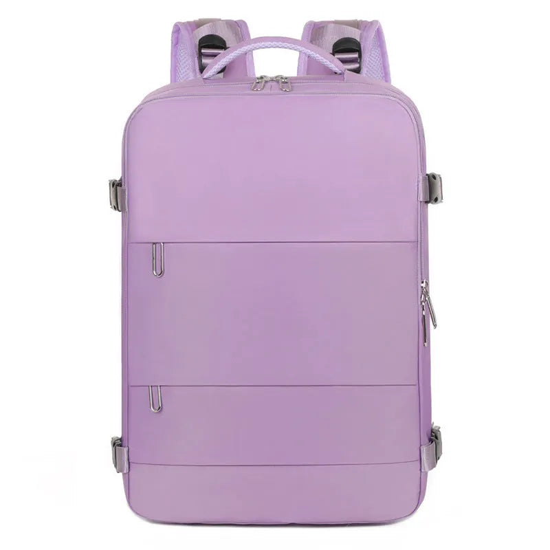 Large purple travel backpack with multiple compartments and an air pillow strap system.