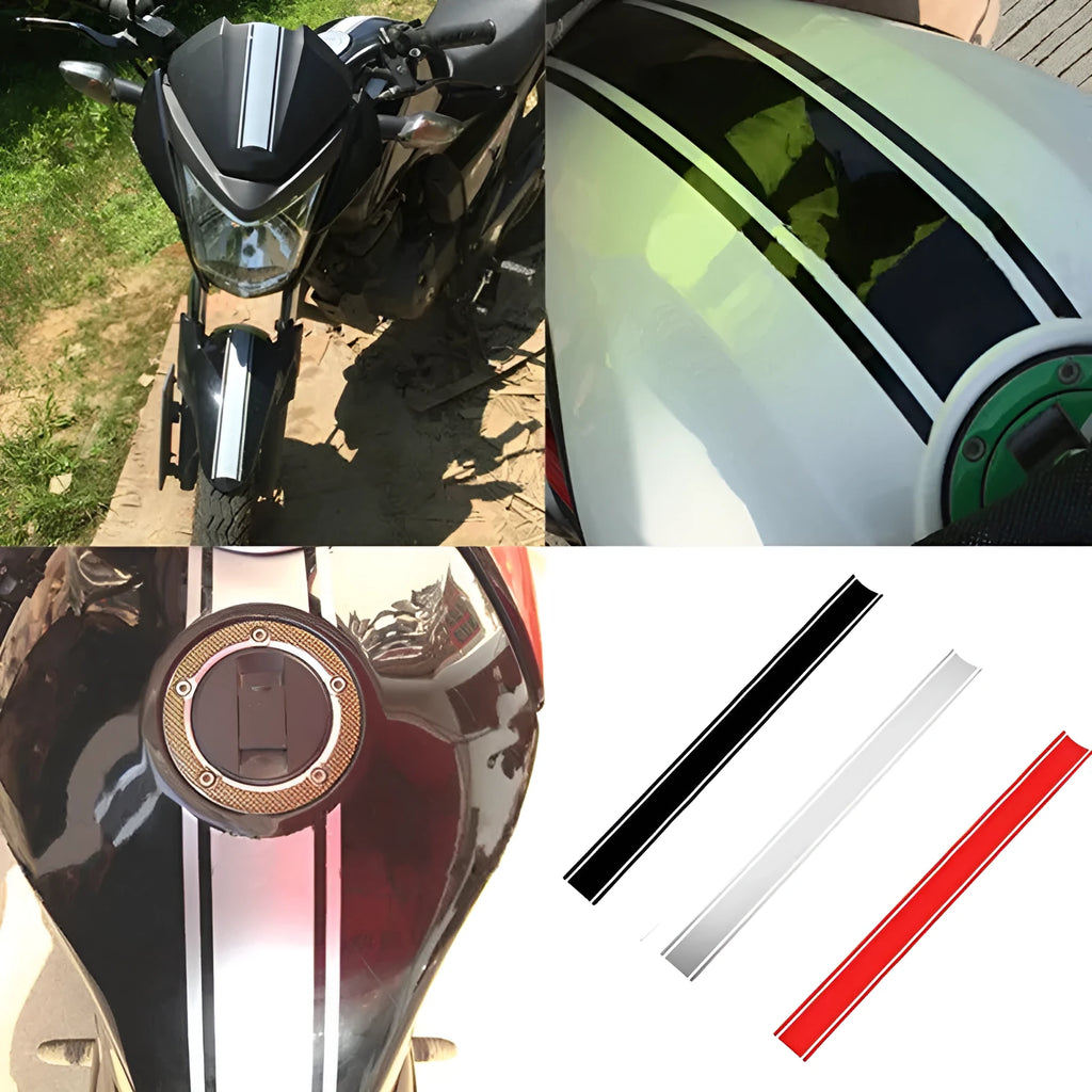 Motorcycle gas tank sticker with pinstripes in black, red, silver, or yellow colours