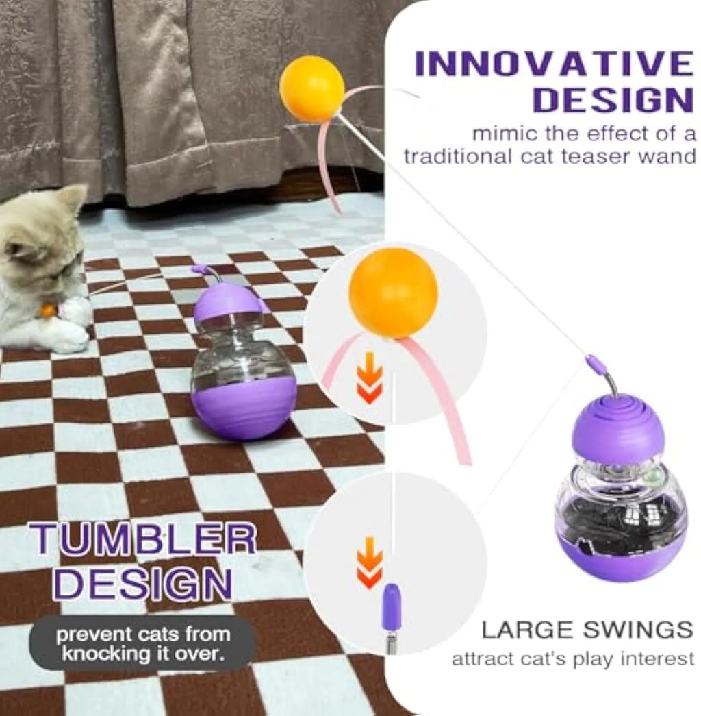 Electric yellow interactive cat toy with rocking base, teaser wand, and slow feeder dispenser