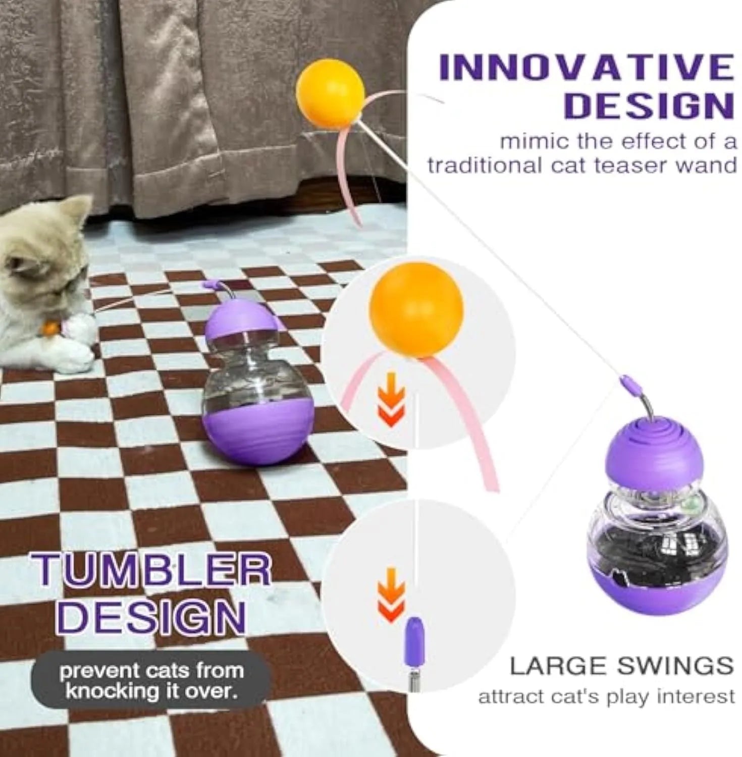 Electric yellow interactive cat toy with rocking base, teaser wand, and slow feeder dispenser