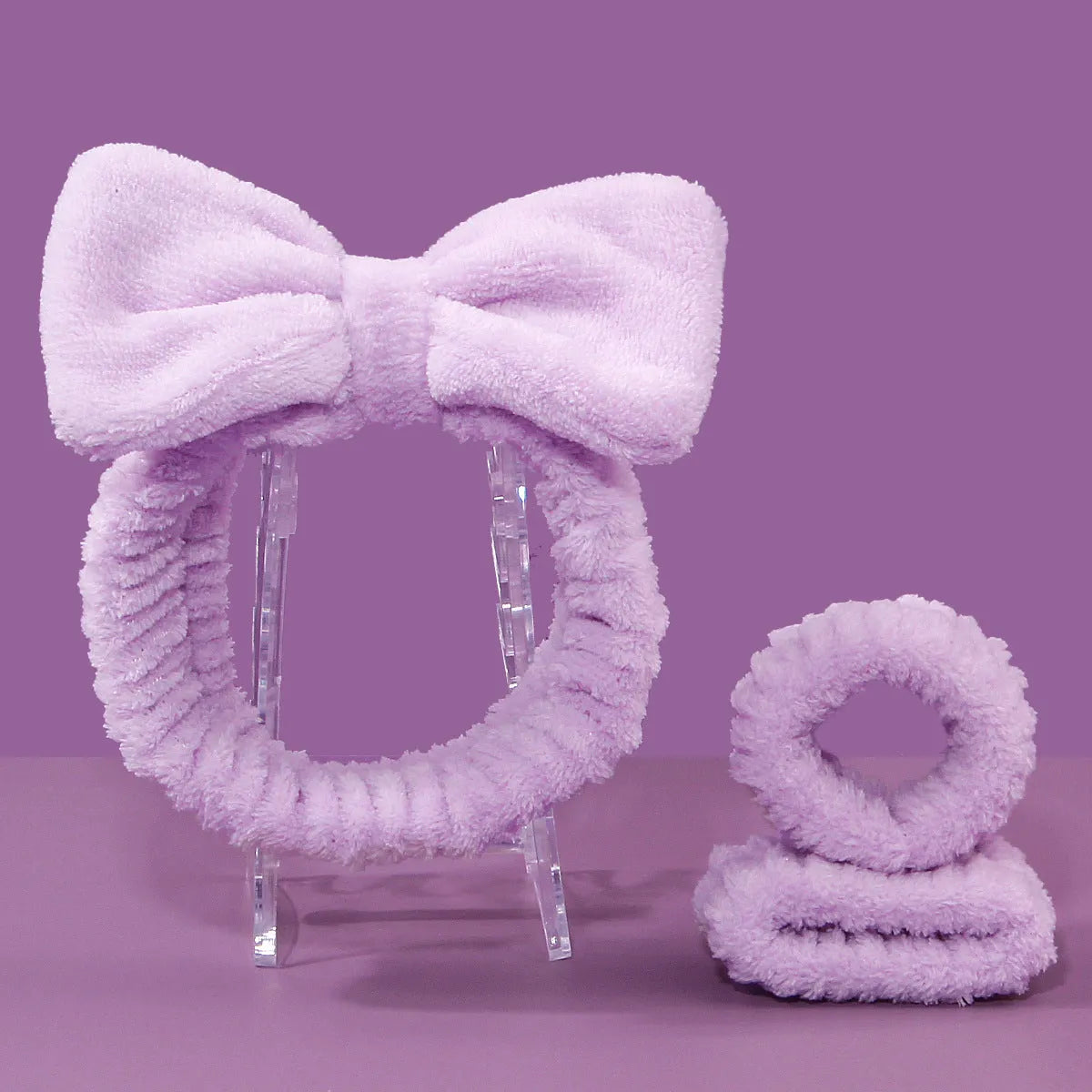 Facial brush set with coral fleece hair band in multiple colours including purple, grey, white, and pink